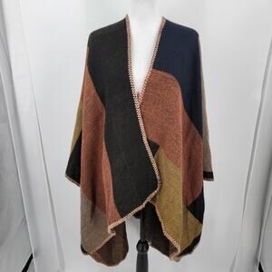 Blanket Shawl Wrap Womens One Size Plaid Open Front Brown Black Preppy Classic